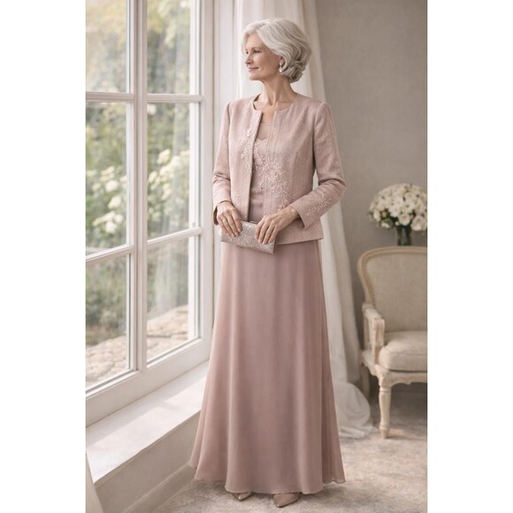 Vintage Adrianna Papell Silk 2-Piece Set: Dusty Rose Maxi Skirt Jacket MOB